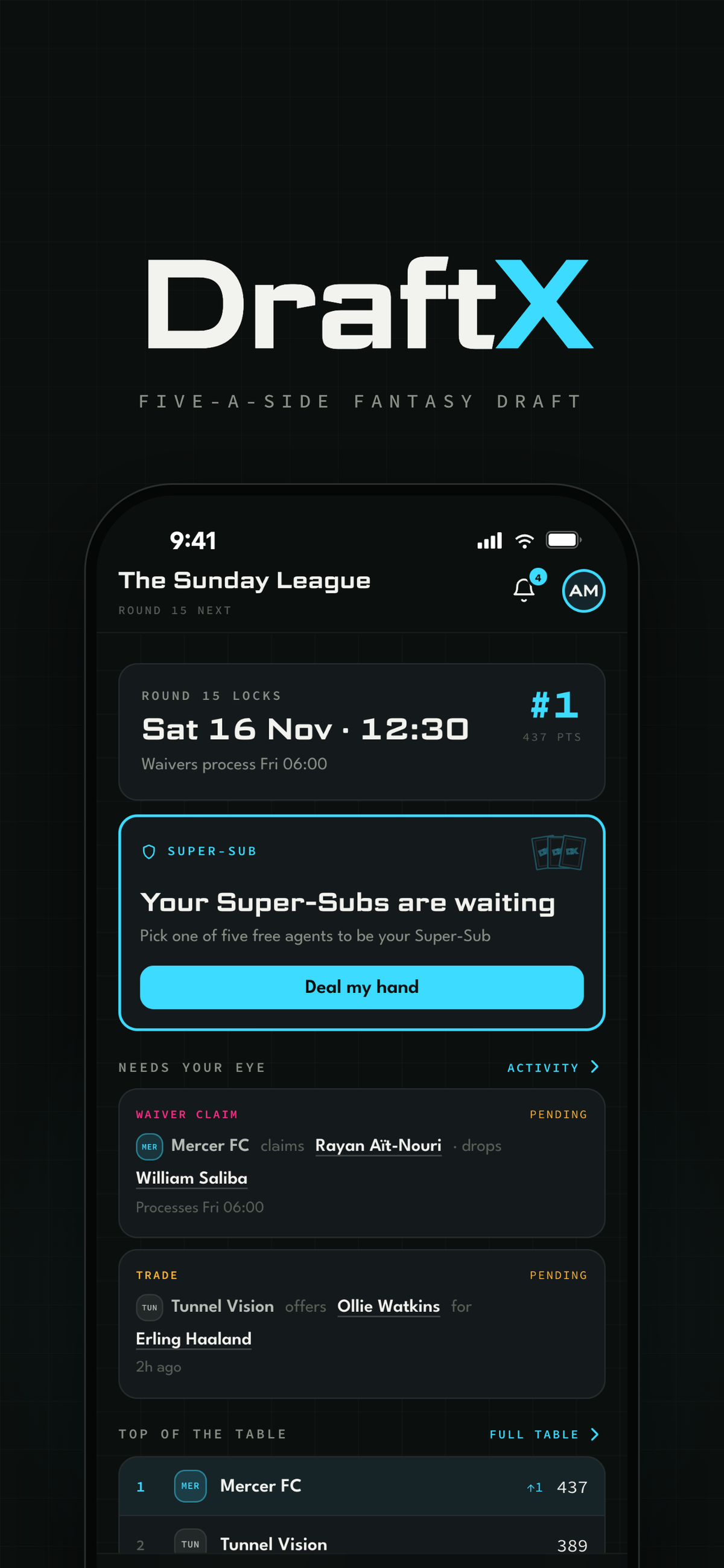 DraftX league home screen