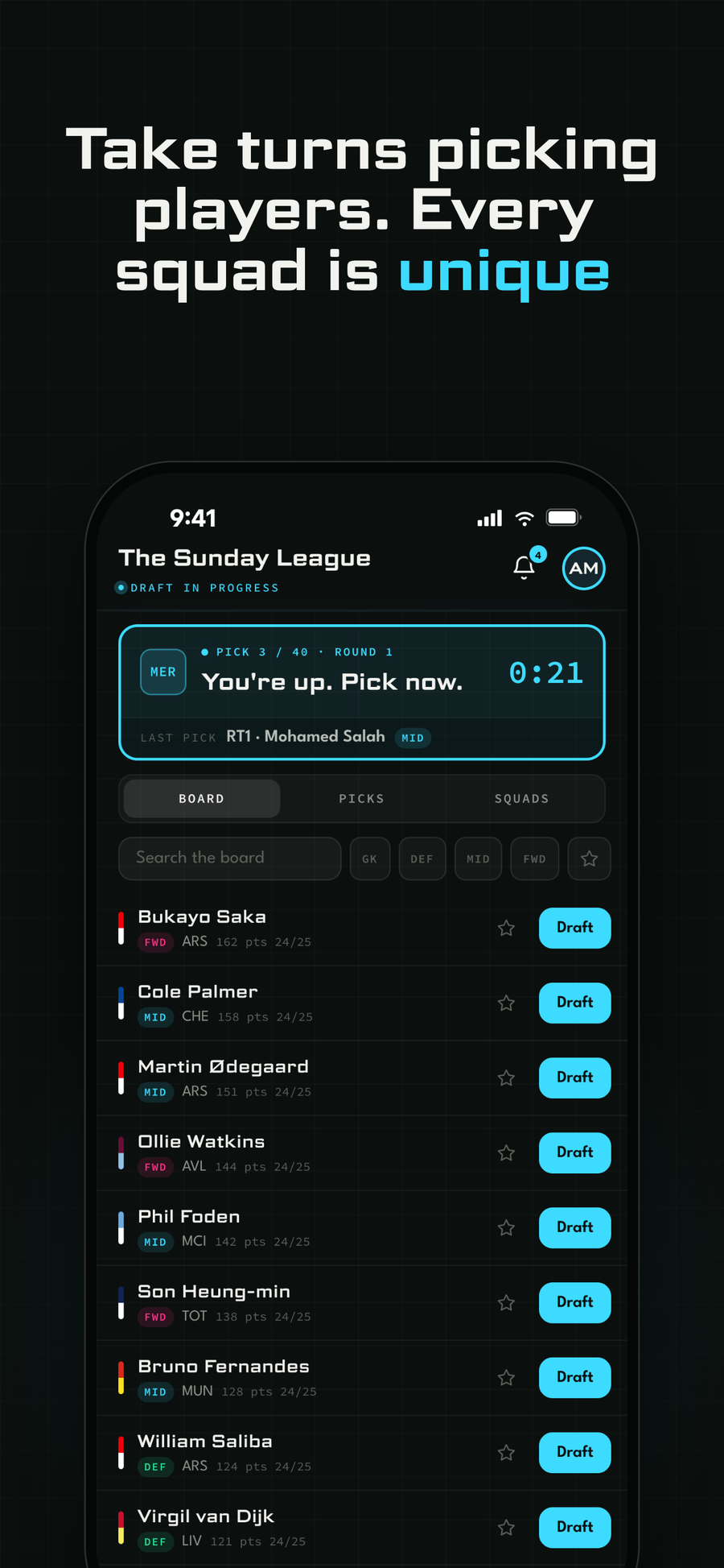 Live draft screen